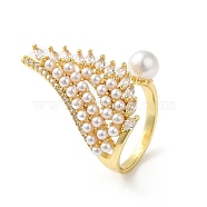 Cubic Zirconia Wing with Plastic Imitation Pearl Open Cuff Rings, Rack Plating Brass Ring, Cadmium Free & Lead Free, Real 18K Gold Plated, US Size 8 3/4(18.7mm)(RJEW-Q783-01G)