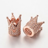 Brass Micro Pave Cubic Zirconia Beads, Crown, Lead Free & Nickel Free, Rose Gold, 12x9mm, Hole: 1mm and 5mm(ZIRC-L037-72RG-FF)