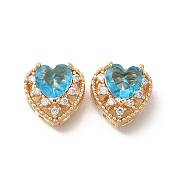 Rack Plating Brass Micro Pave Cubic Zirconia Beads, with Glass, Long-Lasting Plated, Lead Free & Cadmium Free, Golden, Heart, Blue, 11x12x7mm, Hole: 1.6mm(KK-S399-08G-C)