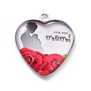Mother's Day Alloy Pendants, with Glass, Platinum, Heart Charm with Word Mom, Cerise, 23x20.5x4mm, Hole: 2mm(FIND-A014-01C)