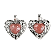 Cherry Quartz Glass Peach Love Heart Pendants, Rack Plating Brass Hollow Heart Charms, Cadmium Free & Lead Free, 29.5x30.5x7.5mm, Hole: 7.5x5mm(G-G158-01W)