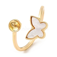 Butterfly Brass with Shell Open Cuff Ring Component, Ring Settings, For Half-drilled Beads, Real 18K Gold Plated, US Size 8 1/4(18.3mm), Pin: 0.8mm, Butterfly: 8x10mm(KK-E055-03G-01)