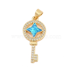 Brass Micro Pave Cubic Zirconia Pendants, Key Charms, with Synthetic Opal, Long-Lasting Plated, Rack Plating, Lead Free & Cadmium Free, Real 18K Gold Plated, Flat Round, 29x13.5x3mm, Hole: 4.5x3mm(KK-I723-49C-G)