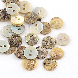 2-Hole Flat Round Sea Shell Buttons, Camel, 9x1~2mm, Hole: 1mm(SSHEL-Q295-03)