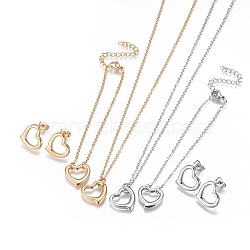 304 Stainless Steel Jewelry Sets, Bracelets, Necklaces and Earrings, Heart, Golden & Stainless Steel Color, 18.1 inches(46cm); 1mm; 6-7/8 inches(17.3cm); 1mm; 14x14x2mm; Pin: 0.9mm(SJEW-F204-22)
