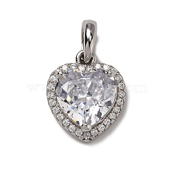 925 Sterling Silver Pave Clear Cubic Zirconia Pendants, Real Platinum Plated, Rhodium Plated, Heart, 20mm, Heart: 16x13.5x6.5mm, Hole: 4.5x4mm(STER-F063-01B-01)