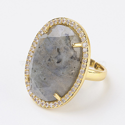 Natural Labradorite Adjustable Finger Ring, Wide Band Rings, with Rhinestone and Brass Finding, Oval, Size 7, Golden, 17mm(RJEW-E149-01D)