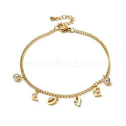 Rhinestone Word Love Charm Anklet, Ion Plating(IP) 304 Stainless Steel Jewelry for Women, Golden, 8 inch(20.4cm)(AJEW-P100-03G)