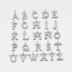 Brass Micro Pave Cubic Zirconia Pendants, with Letter Initial Letter A~Z, 9~10x4~10x1.5~2mm, Hole: 1.5mm(ZIRC-F008)