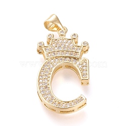 Brass Micro Pave Cubic Zirconia Pendants, Long-Lasting Plated, with Snap on Bail, Letter.C with Crown, Real 18K Gold Plated, Clear, Letter.C, C: 28x15x4mm, Hole: 3x4mm(KK-R138-002C)