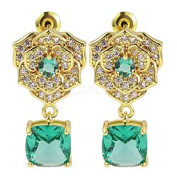 Rack Plating Brass Micro Pave Cubic Zirconia Dangle Stud Earrings, Flower, Light Sea Green, 26.5x14.5mm(EJEW-I304-12G-01)