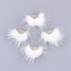 Faux Mink Fur Tassel Pendant Decorations, with Rhinestone and Alloy Findings, Fan, Golden, White, 24~28x29~34x8mm, Hole: 1.5mm(X-FIND-T040-10)