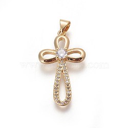 Brass Micro Pave Cubic Zirconia Pendants, Cross, Clear, Golden, 31x18x4.5mm, Hole: 3.5x4.5mm(ZIRC-O027-15G)