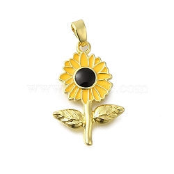 Rack Plating Brass Pendants, with Enamel, Lead Free & Cadmium Free, Long-Lasting Plated, Sunflower Charm, Real 18K Gold Plated, 24x16x2mm, Hole: 5x2mm(KK-M079-18A-G)