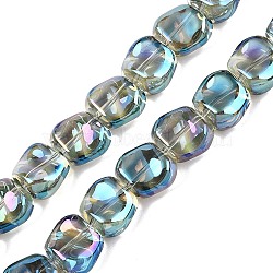 Electroplate Glass Beads Strands, Pearl Luster Plated, Square, Dark Turquoise, 10.5x10.5~11x6.5mm, Hole: 1mm, about 59~60pcs/strand, 25.12~25.59 inch(63.8~65cm)(EGLA-N012-07T)