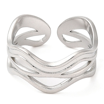 304 Stainless Steel Open Cuff Rings, Wave, Stainless Steel Color, US Size 6 3/4(17.1mm)