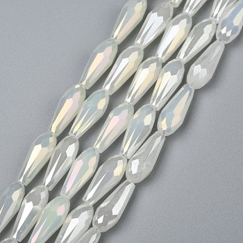 Electroplated Opaque Glass Beads Strands, Full Rainbow Plated, Faceted, Teardrop, WhiteSmoke, 15x6mm, Hole: 1mm, about 50pcs/Strand, 28.35 inch(72cm)