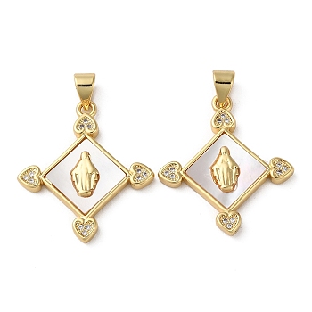 Brass Micro Pave Cubic Zirconia Pendants, with Shell, Diamond, Real 18K Gold Plated, 25x22.5x3mm, Hole: 4.5x3.5mm