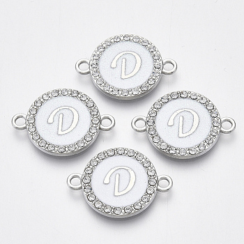 Alloy Enamel Links Connectors, with Crystal Rhinestones, Flat Round with Letter, Silver Color Plated, Letter.D, 22x16x2mm, Hole: 1.8mm