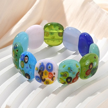 Handmade Millefiori Lampwork Beaded Stretch Bracelets for Men Women, Oval, Colorful, 3/4~7/8x5/8 inch(1.95~2.1x1.65cm), Inner Diameter: 1-7/8~2-1/8 inch(4.8~5.5cm)