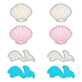 8Pcs 4 Style Embroidered Cloth Patches, Applique Patch, Sewing Craft Decoration, Shell & Mermaid Tail Shape, Mixed Patterns, 34~58x67~78x1mm, 2pcs/style