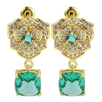 Rack Plating Brass Micro Pave Cubic Zirconia Dangle Stud Earrings, Flower, Light Sea Green, 26.5x14.5mm