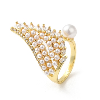 Cubic Zirconia Wing with Plastic Imitation Pearl Open Cuff Rings, Rack Plating Brass Ring, Cadmium Free & Lead Free, Real 18K Gold Plated, US Size 8 3/4(18.7mm)