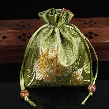 Chinese Style Flower Pattern Satin Jewelry Packing Pouches, Drawstring Gift Bags, Rectangle, Yellow Green, 14x11cm