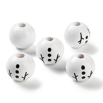 Printed Wood European Beads, Round with Snowman, Black, 20x18mm, Hole: 5mm