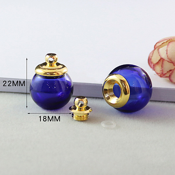 Transparent Glass Openable Perfume Bottle Pendants, with Brass Findings, Round, Blue, 2.2x1.8cm