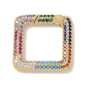 Rack Plating Brass Micro Pave Cubic Zirconia Spring Gate Rings Clasps, Cadmium Free & Lead Free, Long-Lasting Plated, Real 18K Gold Plated, Square, Colorful, 20x20x3mm