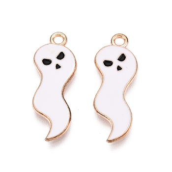 Halloween Theme Alloy Enamel Pendants, Cadmium Free & Lead Free, Light Gold, Ghost Charm, White, 26x9.5x1.5mm, Hole: 1.8mm