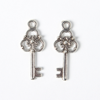 Tibetan Style Alloy Pendant, Skeleton Key, Lead Free and Cadmium Free, Antique Silver Color, about 23mm long, 9.5mm wide, 2mm thick, hole: 2mm