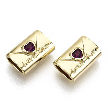 Brass Micro Pave Cubic Clear Zirconia Beads, Valentine's Day, Nickel Free, Envelope with Heart, Real 18K Gold Plated, Medium Violet Red, 8x11.5x5mm, Hole: 2.5x6mm