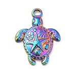 Ion Plating(IP) 201 Stainless Steel Pendants, Tortoise with Starfish Charms, Rainbow Color, 23.5x18x3mm, Hole: 2.5mm(X-STAS-P312-09MC)