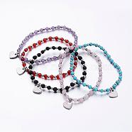 304 Stainless Steel Charm Bracelets, Heart, with Natural & Synthetic Mixed Stone Beads and Elastic Fibre Wire, 2-1/4 inch(57mm)(BJEW-JB02462)