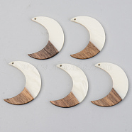 Opaque Resin & Walnut Wood Pendants, Moon, Floral White, 38x30x3mm, Hole: 2mm(RESI-S389-056A-C04)