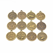 Tibetan Style Alloy Pendants, Cadmium Free & Lead Free, Flat Round with 12 Constellations, with 12 Constellations Word, Antique Bronze, 20x17mm, Hole: 1.3~1.5mm(PALLOY-TAC0013-12AB-RS)
