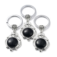 Natural Obsidian Keychain, with Plating Brass Pendant and Iron Rings, Lead Free & Cadmium Free, 6.6cm(KEYC-H019-02P-02)
