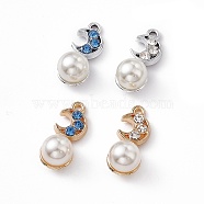 Alloy Rhinestone Pendants, with ABS Imitation Pearl Beads, Moon Charm, Platinum & Golden, Mixed Color, 19x8x8.5mm, Hole: 1.4mm(PALLOY-P287-18)