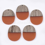 Resin & Wenge Wood Pendants, Oval, Coral, 44.5x34.5~35.5x3~4mm, Hole: 2mm(RESI-T023-01K)