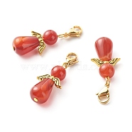 Dyed & Heated Natural Carnelian Pendant Decorations, with Alloy Wing Pendants & Swivel Lobster Claw Clasps, Golden, Angel, 40mm(HJEW-JM00541-01)