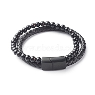 Natural Obsidian Round Beads Multi-strand Bracelets, with Braided Cowhide Leather, Black, 8-7/8 inch(22.5cm)(BJEW-JB06571-03)