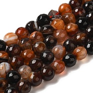 Dyed & Heated Natural Banded Agate Beads Strands, Faceted, Round, Sienna, 7.5~8mm, Hole: 1.2mm, about 48pcs/strand, 14.17''(36cm)(G-P539-F01-02)