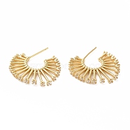 Cubic Zirconia Flower Stud Earrings, Real 18K Gold Plated Brass Half Hoop Earrings for Women, Lead Free & Cadmium Free, Clear, 25x24x2mm, Pin: 0.7mm(EJEW-E263-10G)