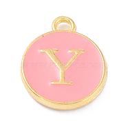 Golden Plated Alloy Enamel Charms, Enamelled Sequins, Flat Round with Alphabet, Letter.Y, Pink, 14x12x2mm, Hole: 1.5mm(ENAM-Q437-14Y)