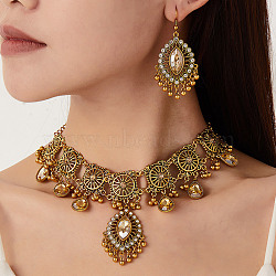 Horse Eye Alloy Rhinestone Choker Necklace & Dangle Earrings Sets for Women, Antique Golden, Light Colorado Topaz, 460mm(FS-WG5349B-04)