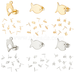 DICOSMETIC 60Pcs 6 Style 304 Stainless Steel Stud Earring Findings, with Hole and 201 Stainless Steel Ear Nuts/Earring Backs, Fish & Dolphin, Golden & Stainless Steel Color, 10.5~13.5x7.5~8.5mm, Hole: 1.4mm, Pin: 0.8mm, 10Pcs/style(STAS-DC0010-21)