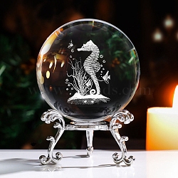 Inner Carving Sea Horse Glass Crystal Ball Diaplay Decoration, with Alloy Pedestal, Fengshui Home Decor, Clear, 60x80mm(PW-WG5C3D3-01)