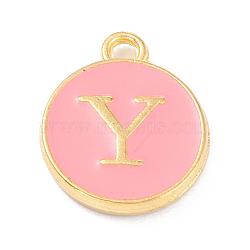 Golden Plated Alloy Enamel Charms, Enamelled Sequins, Flat Round with Alphabet, Letter.Y, Pink, 14x12x2mm, Hole: 1.5mm(ENAM-Q437-14Y)